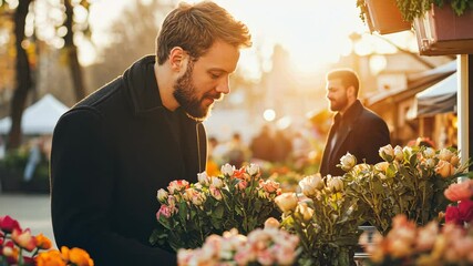 Young caucasian male choosing flowers at outdoor market during golden hour