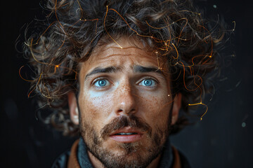 Fototapeta premium Mesmerizing Gaze. Man with Sparkling Hair and Vivid Eyes on Dark Backdrop