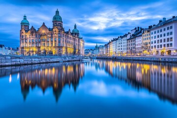 Fototapeta premium A stunning nighttime shot of Helsinki illuminated skyline reflecting on the calm sea