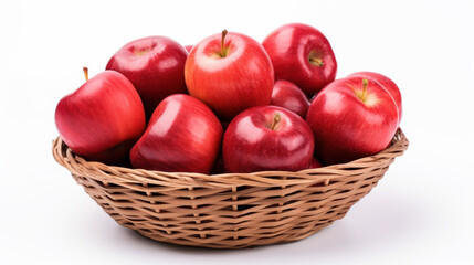 A basket filled with fresh red apples sits isolated against a clean white background, showcasing the vibrant colors and textures of the fruit