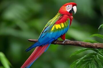 A stunning red macaw perched on a branch in a lush green rainforest