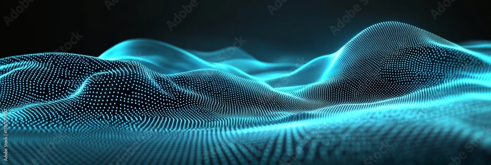Poster abstract blue wavy surface of glowing dots on a black background a digital data visualization.