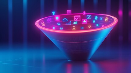 Abstract infographic of a 3D marketing funnel, each stage glowing with icons for reach, clicks, engagement, conversions, neon palette, futuristic tech backdrop, Created Using: 3D funnel rendering,