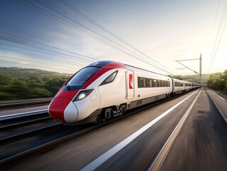 Naklejka premium A sleek high-speed train glides swiftly along the tracks, showcasing motion blur and vibrant green hills under bright skies, capturing the essence of modern travel