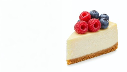 Slice of cheesecake on white background, topped with raspberries and blueberries. Creamy dessert with graham cracker crust. Isolated studio shot, perfect for food design.