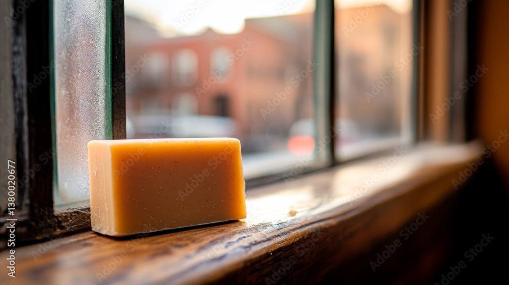 Poster single handcrafted soap bar rests peacefully on a rustic windowsill, illuminated by gentle natural l