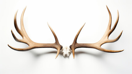 The striking deer antlers are displayed isolated on a white background, highlighting their intricate details and natural colors. This arrangement emphasizes their unique form and texture