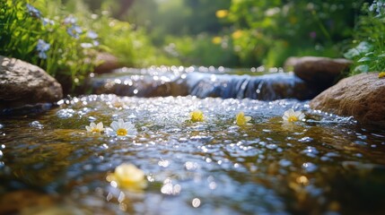 Fototapeta premium Tranquil stream with yellow daisies and flowing water in sunlit garden