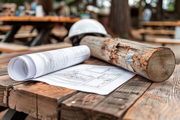 Fototapeta premium A close-up of construction plans on a wooden table, accompanied by a rolled blueprint and a weathered log, with a hard hat in the background.
