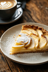 Golden Apple Tart Slice on a White Plate with Coffee on a Cozy Wooden Coffee Table