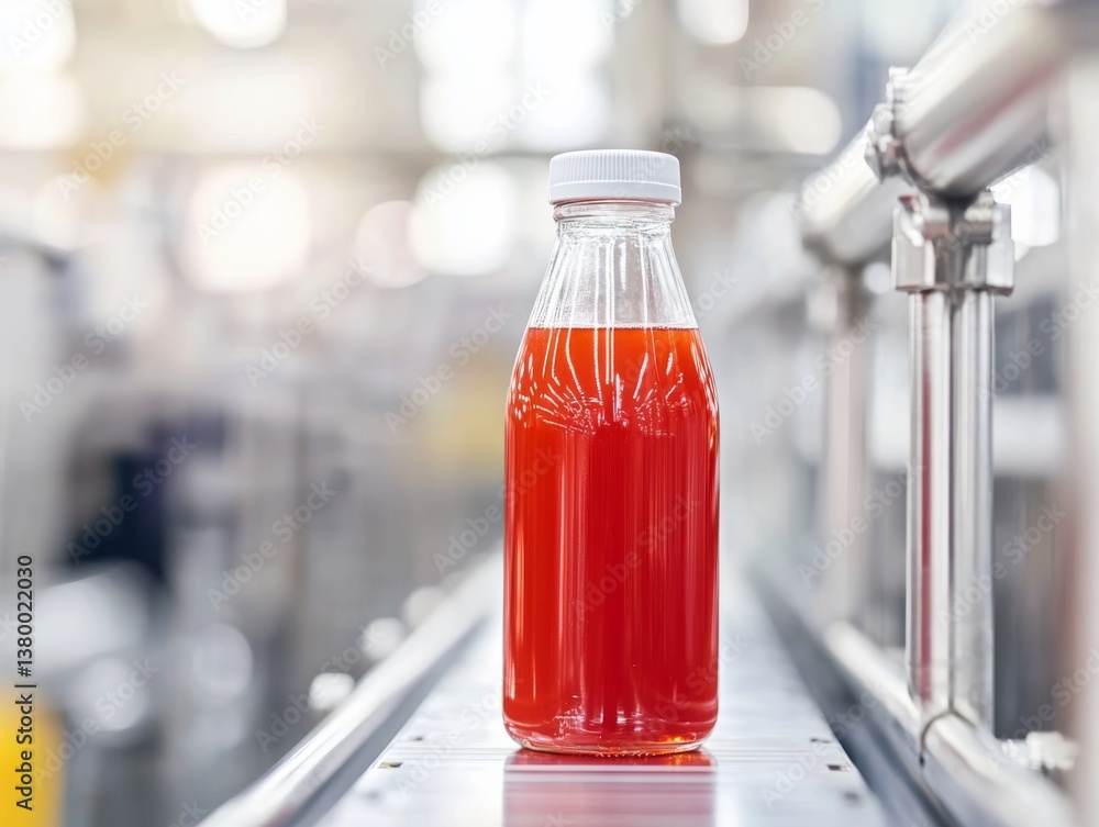 Aufkleber brightly lit factory features a juice production line with a bottle traveling along a conveyor belt,