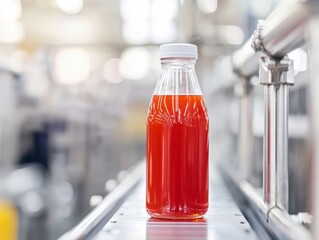 Brightly lit factory features a juice production line with a bottle traveling along a conveyor belt, highlighting efficient machinery and production processes