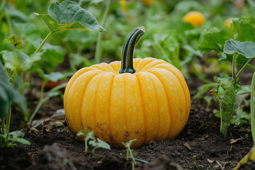 Obraz premium Large orange pumpkin growing in a vegetable garden. Growing organic vegetable on a farm.