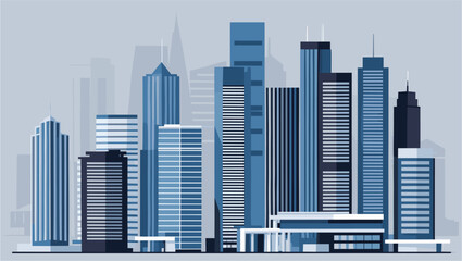 A monochrome blue and gray cityscape with tall buildings and a modern city background. The buildings are of different colors and heights, creating a vibrant and dynamic scene