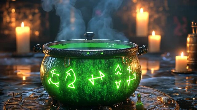 Ancient cauldron steaming, mystic symbols
