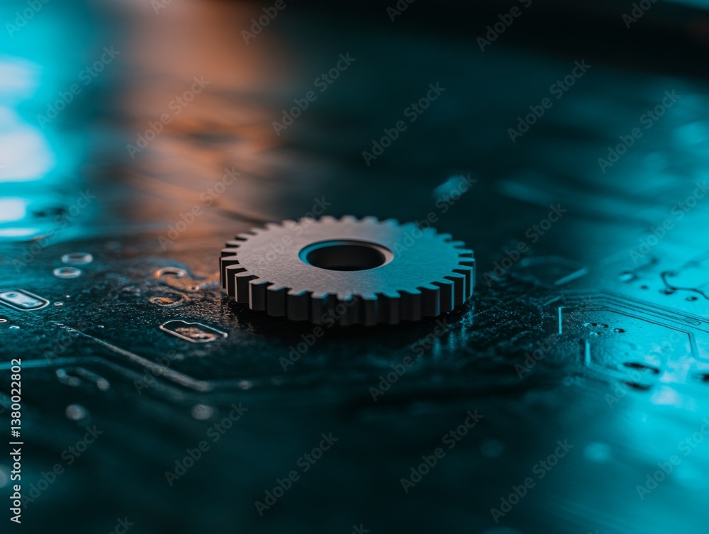 Leinwandbilder a paper cutout gear is placed over a metallic circuit board, softly illuminated with blue highlights