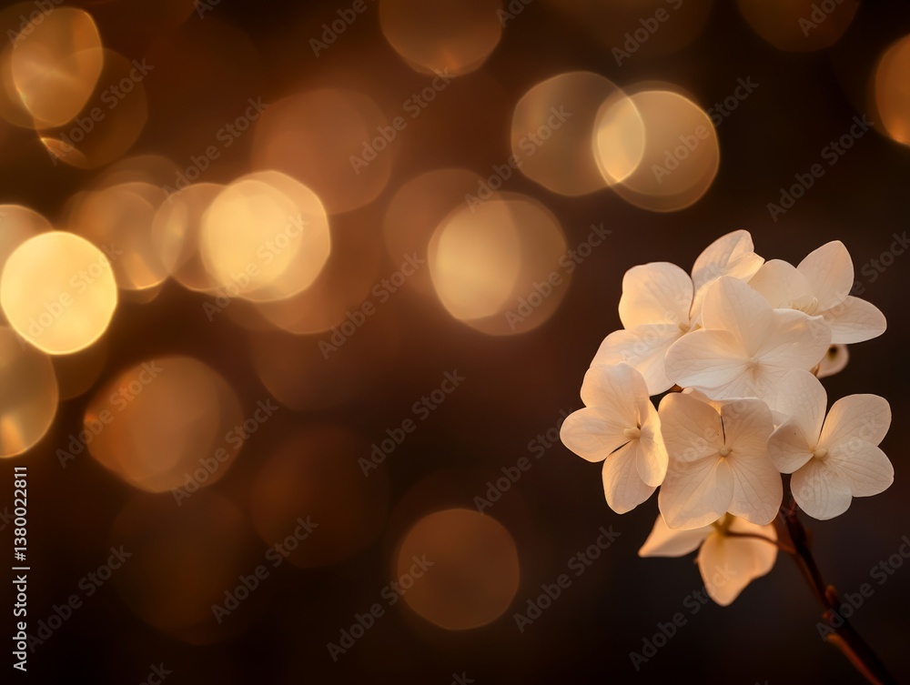 Poster single white hydrangea bloom stands out against a softly blurred golden bokeh backdrop, providing a 