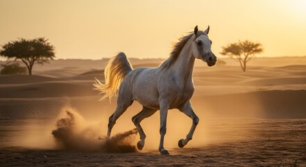 Obraz premium Majestic White Arabian Horse Galloping in the Desert