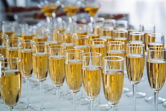 A beautifully arranged table topped with an abundance of elegant champagne glasses, all filled to the brim with sparkling champagne, ready for a joyous celebration or toast