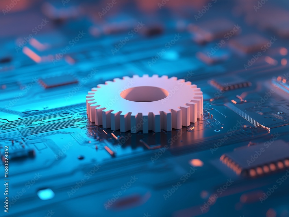 Poster a single 3d white gear rests on a metallic circuit board design, illuminated by blue lighting, provi