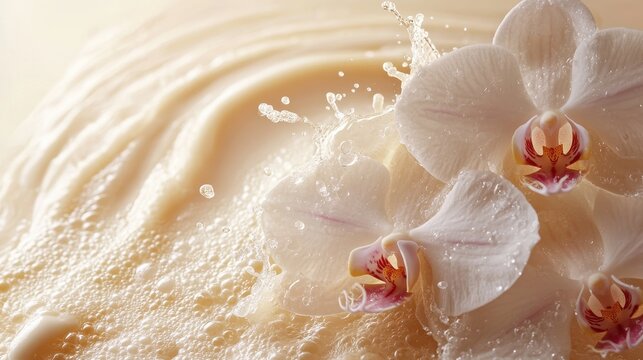 Creamy splashes with white orchid blooms in luxurious liquid