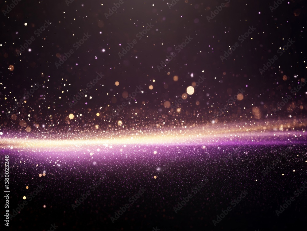 Poster a vibrant purple light burst radiates across a dark backdrop, enhanced by scattered golden sparkles,