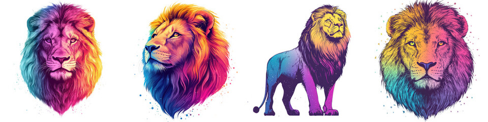 Digitally rendered of vibrant multicolored lions showcasing their majestic and powerful presence as apex predators of the wild