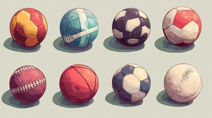 Fototapeta premium Collection of various vintage sports balls on plain background