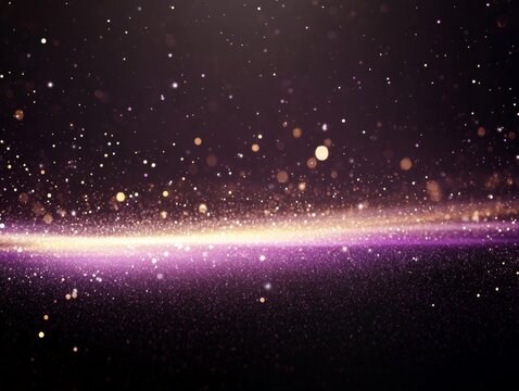 A vibrant purple light burst radiates across a dark backdrop, enhanced by scattered golden sparkles, creating a captivating abstract composition with ample copy space - Powered by Adobe