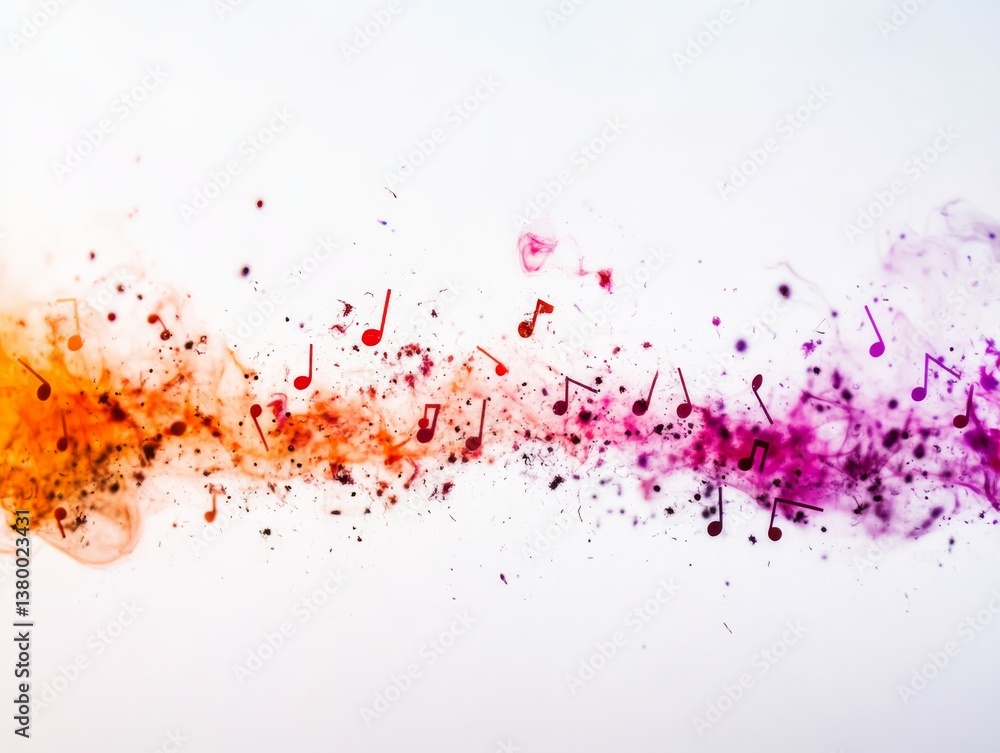 Poster suspended music notes in vibrant colors blend into the white background, interwoven with subtle neur
