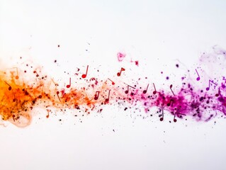 Suspended music notes in vibrant colors blend into the white background, interwoven with subtle neural network lines, offering a dynamic and creative composition