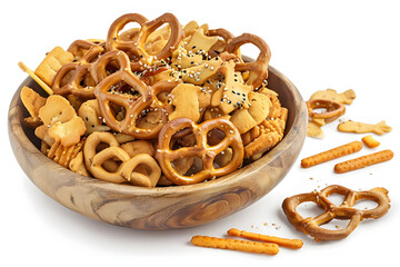 pretzels in a bowl, Rustic Wooden Bowl Filled With Assorted Colorful Snack Mix