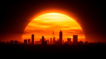 Obraz premium Fiery Sunset Silhouette Cityscape at Dusk. (1)