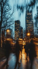 People walking in rain near illuminated urban buildings