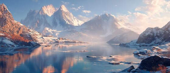 Lake in winter surrounded by snow-capped mountains.