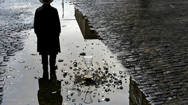 Fototapeta Silhouette of a Person Reflected in a Puddle with Broken Glass