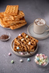 photo Indulge in Delicious Waffles with Chocolate Drizzle and Marshmallows: Perfect Pairing with Hot Chocolate for a Sweet Breakfast or Dessert Treat