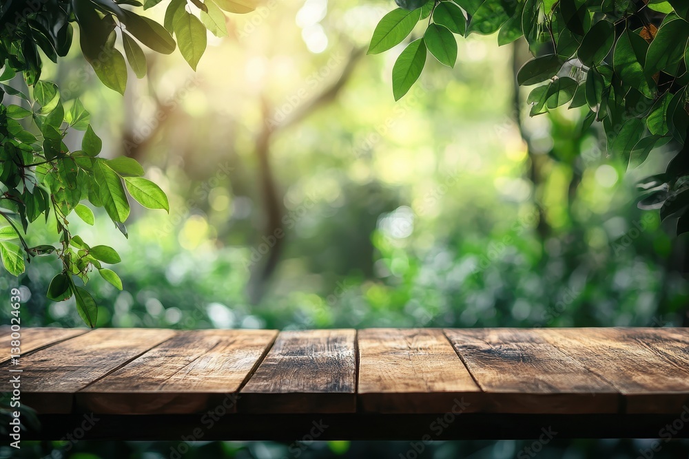 Poster rustic wooden table with green leaves and bokeh background in forest. it's perfect for displaying pr