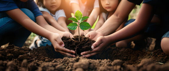 Group of children in oneness planting sprout in soil for growing green plant. Community grow sapling. Save ecology environment, solidarity and support in teamwork, beginning of new in unity for future