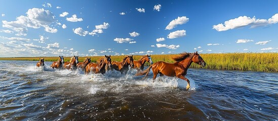 Beautiful horses running through water on a sunny summer day