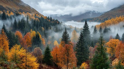 A misty forest landscape with colorful trees in autumn season
