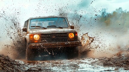 A vehicle speeding through muddy water is shown in action