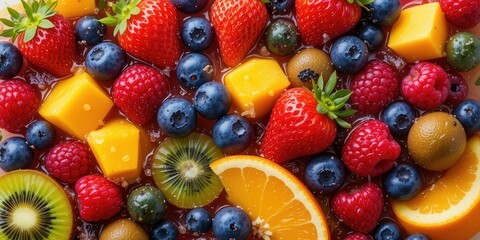 Obraz premium Vibrant Assortment of Fresh Fruits Including Berries, Kiwi, and Citrus in a Colorful and Juicy Display