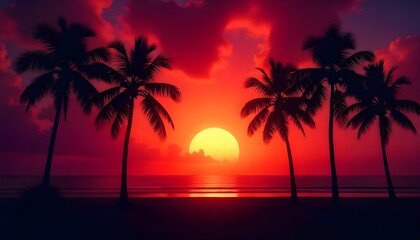 Obraz premium Dark silhouettes of palm trees standing tall against a vibrant tropical sunrise or sunset, perfect for summer concept