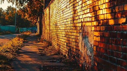 A golden sunset bathes an old brick wall near the pavement