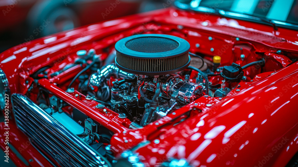 Poster close-up view of red engine with black air intake filter and mechanical details