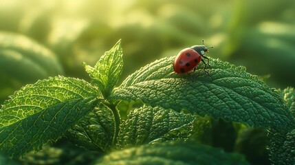 Ladybug on mint leaves in sunlight