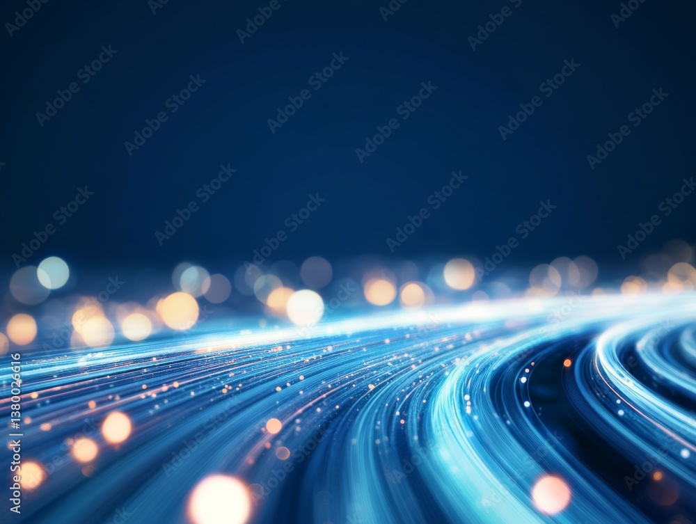 Poster a wide-angle view showcases a digital wave composed of vibrant blue hues, dynamic lines, and glowing