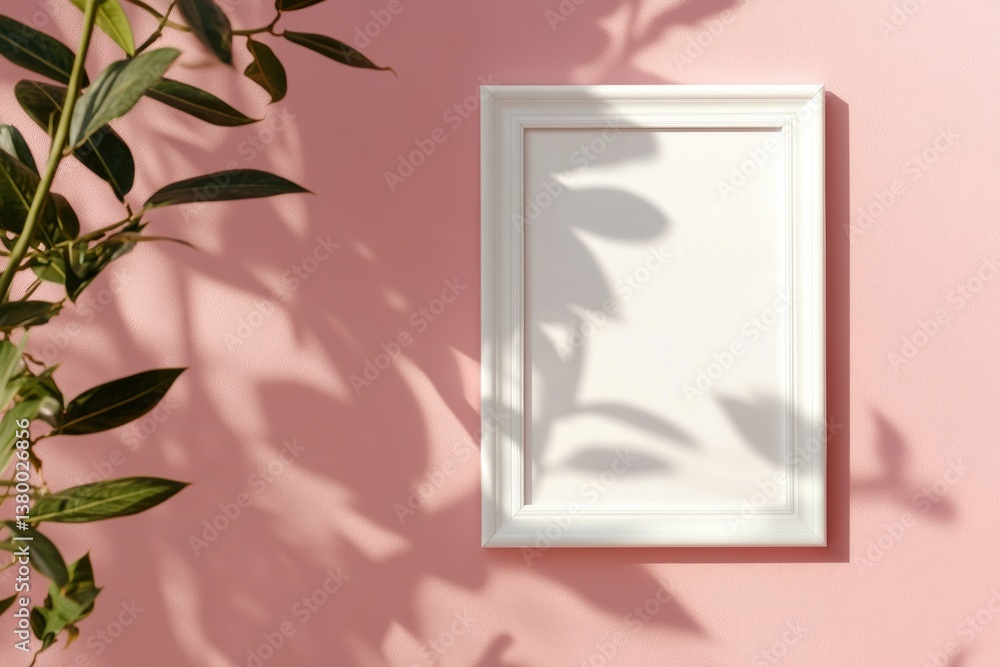 Poster clean white frame rests against a pastel wall adorned with soft plant shadows and ample copy space f