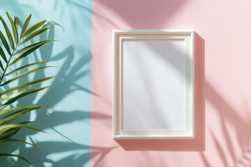Clean white photo frame against a pastel wall with plant shadows creates a serene aesthetic for minimalist decor in bright, inviting spaces